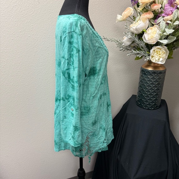 Reba Teal Tie-Dye Crochet Tunic Top L Boho Lace Trim Festival Beachy Spring - Picture 5 of 9